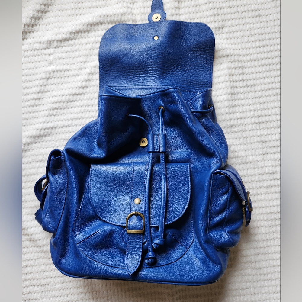 Blue Leather Drawstring Backpack Bag - Picture 3 of 5
